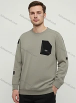 Wholesale Trendy Light Grey Hoodie w/ Black Pocket Detail & White Text on Chest/Sleeves, Loose Fit Graphic Design Sweats, LIUHUA CLOTHING WHOLESALE