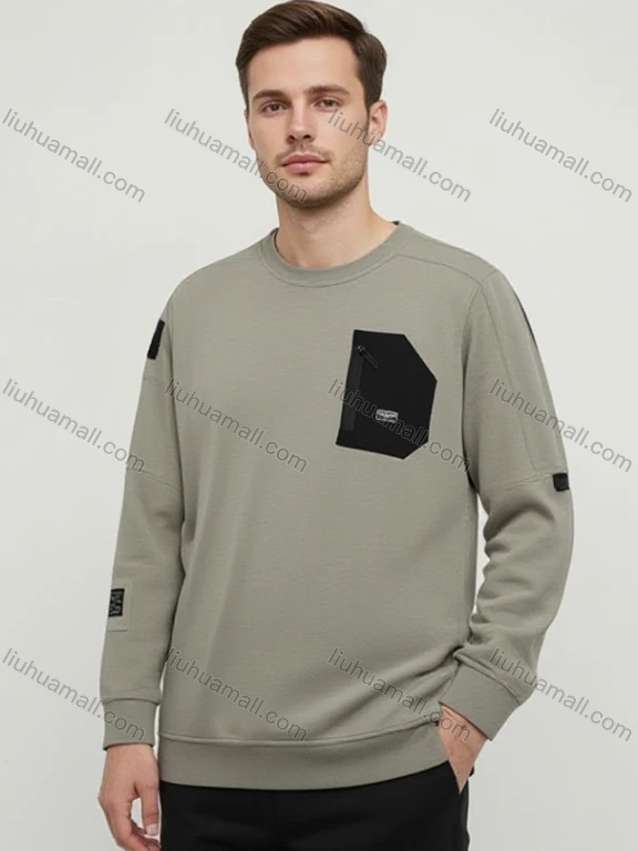 Wholesale Trendy Light Grey Hoodie w/ Black Pocket Detail & White Text on Chest/Sleeves, Loose Fit Graphic Design Sweats