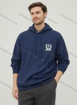 Wholesale Navy Blue Hooded Sweatshirt w/ White Emblem & Couture Italia Text, Drawstring Pockets Loose Fit Bulk, LIUHUA CLOTHING WHOLESALE