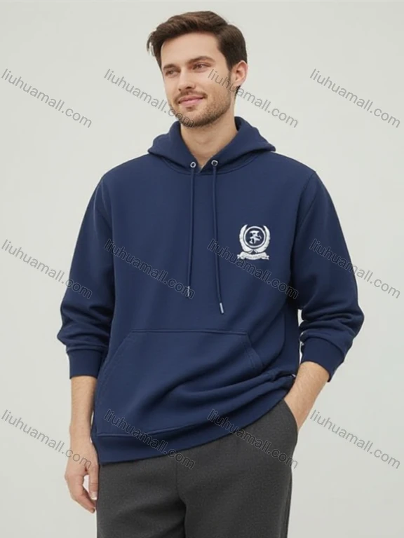 Wholesale Navy Blue Hooded Sweatshirt w/ White Emblem & Couture Italia Text, Drawstring Pockets Loose Fit Bulk