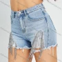Wholesale Women's High Waist 5 Pocket Ripped Raw Hem Distressed Metal Tassel Denim Shorts preview