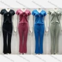 Wholesale Women's Casual V Neck Tie Chested Cutout Ruched Lettuce Trim Tops & Flare Pants 2 Piece Set preview