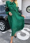 Wholesale Women's Casual Plain Tie Neck Long Sleeve Pleated Midi Dress - Liuhuamall