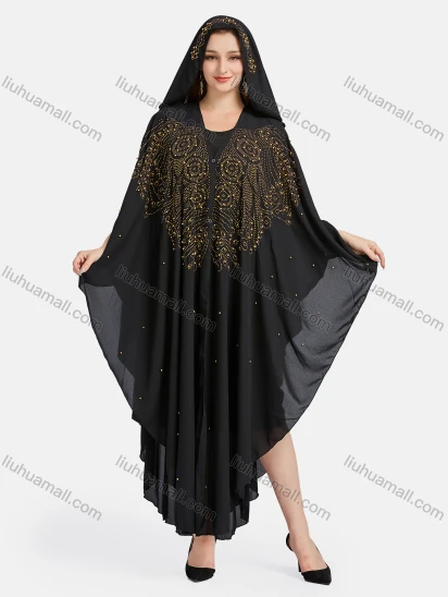 Wholesale Women's Muslim Islamic Rhinestone Beaded Triangular Hem Kaftan With Hijab WQ82#