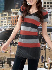 Wholesale Women's Casual V Neck Striped Colorblock Ribbed Short Sleeve Mid Length Sweater Top 1083#, LIUHUA CLOTHING WHOLESALE