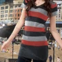 Wholesale Women's Casual V Neck Striped Colorblock Ribbed Short Sleeve Mid Length Sweater Top 1083# preview