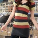 Wholesale Women's Casual V Neck Striped Colorblock Ribbed Short Sleeve Mid Length Sweater Top 1083# 538# Clothing Wholesale Market Liuhua