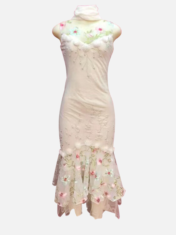 Women's Elegant Floral Pearl Appliques Decor Mermaid Maxi Dress With Scarf, Clothing Wholesale Market -LIUHUA, Women, Women-s-Underwear