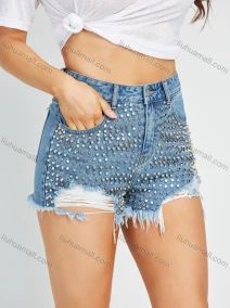 Wholesale Women's Fashion High Waist Rivet Ripped Raw Hem Distressed Denim Shorts, LIUHUA CLOTHING WHOLESALE