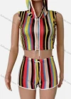 Wholesale Women's Casual Colorblock Striped Sleeveless Drawstring Crop Hoodie & Drawstring Shorts - Liuhuamall