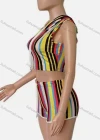 Wholesale Women's Casual Colorblock Striped Sleeveless Drawstring Crop Hoodie & Drawstring Shorts - Liuhuamall