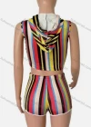 Wholesale Women's Casual Colorblock Striped Sleeveless Drawstring Crop Hoodie & Drawstring Shorts - Liuhuamall