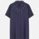 Women's Plus Size Collared Short Sleeve Button Down Embroidery Casual Shirt Navy Clothing Wholesale Market -LIUHUA