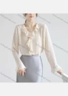 Wholesale Women's Casual V Neck Trumpet Sleeve Ruffle Trim Plain Blouse - Liuhuamall