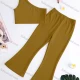 Wholesale Girl's Plain Rib-knit Bow Knot One Shoulder Crop Tank Top & Flare Pants 2 Piece Set Dark Khaki Clothing Wholesale Market Liuhua