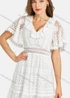 Wholesale Women's Casual Deep V Neck Circular Cap Sleeve Floral Guipure Lace Hollow Out Plain Maxi Dress - Liuhuamall