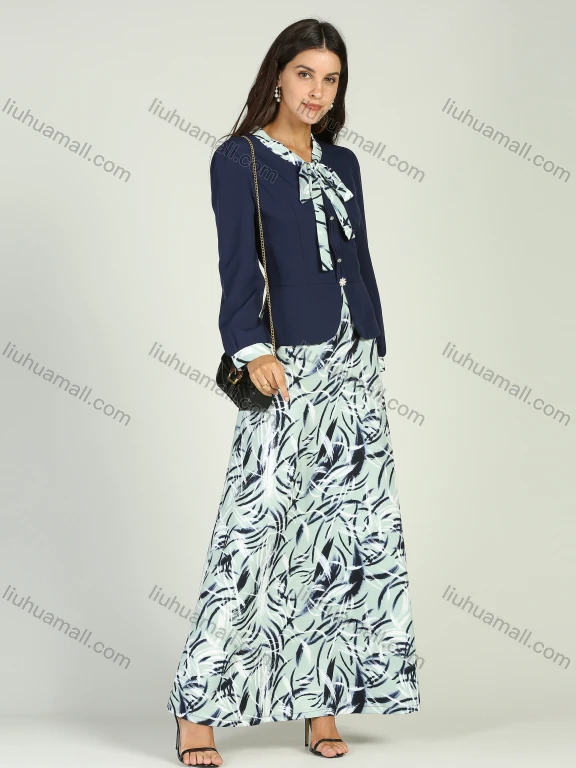 Wholesale Women's Tie Neck Art Print Splicing Slim Fit Maxi Dress