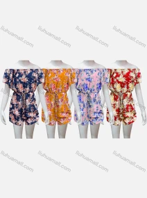 Wholesale Girls Causal Off Shoulder Short Sleeve Drawstring Floral Print Romper, LIUHUA CLOTHING WHOLESALE