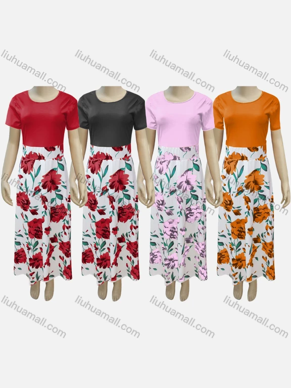 Wholesale Girls Casual Round Neck Short Sleeve Plain Top & Floral Print Skirt Sets