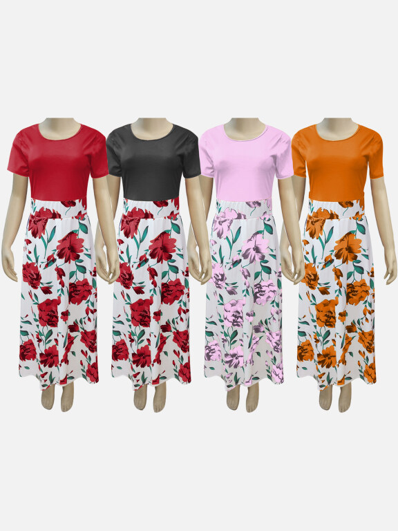 Girls Casual Round Neck Short Sleeve Plain Top & Floral Print Skirt Sets, Clothing Wholesale Market -LIUHUA, Kids-Babies