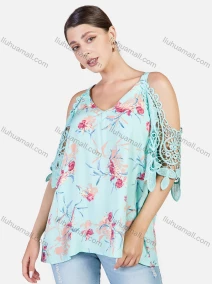 Wholesale Women's V Neck Hollow Out Sleeve Flower Print Cold Shoulder Casual Blosue, LIUHUA CLOTHING WHOLESALE