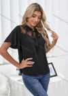 Wholesale Women's Casual Plain Guipure Lace Tie Neck Short Sleeve Blouse - Liuhuamall