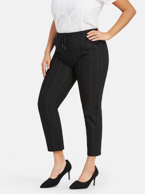 Women's Casual Plus Size High Elastic Plaid Print Stright Leg Pants With Drawstring 33105#, Clothing Wholesale Market -LIUHUA, WOMEN, Pants-Trousers