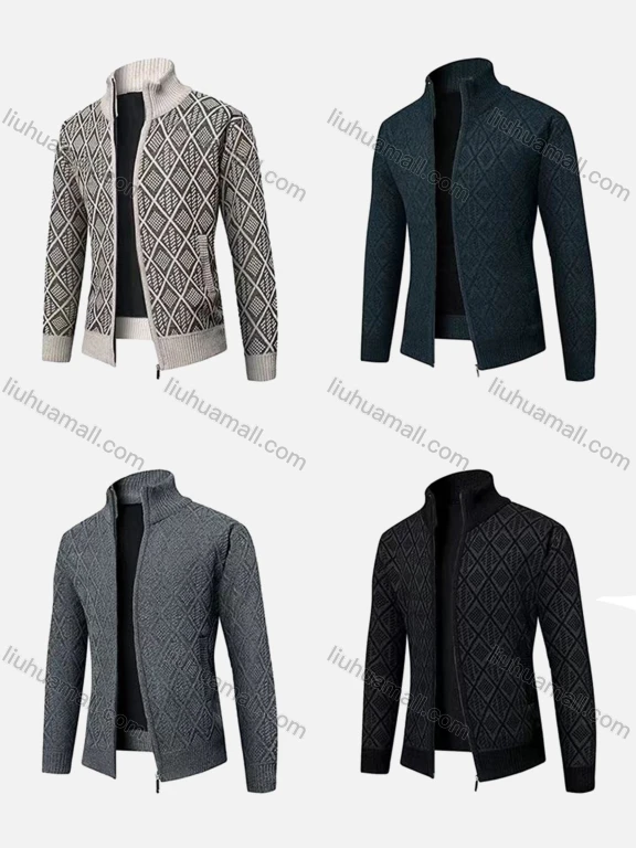 Wholesale Men's Zip-Up Thermal Fleece Jacket With Diamond Cable Knit Pattern and Fitted Design