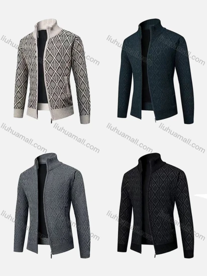 Wholesale Men's Zip-Up Thermal Fleece Jacket With Diamond Cable Knit Pattern and Fitted Design