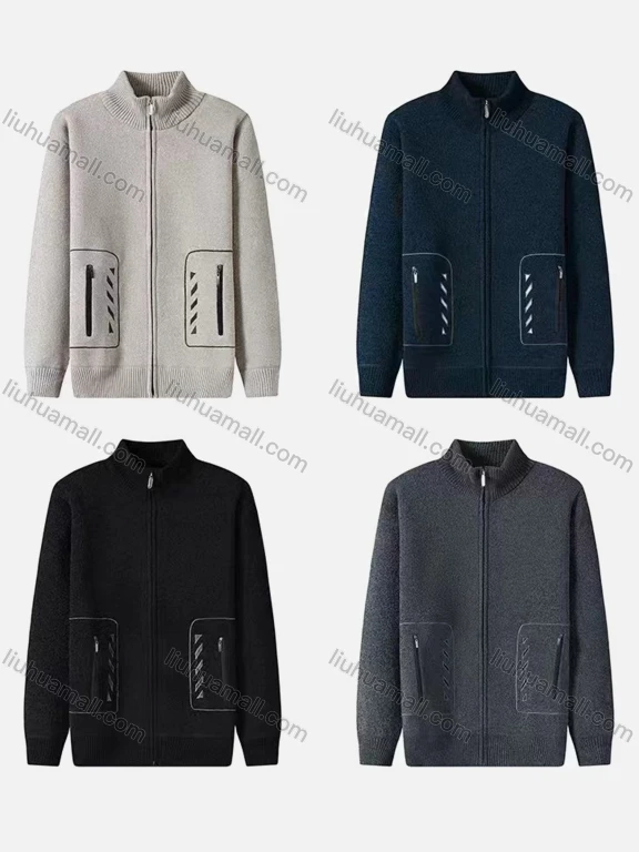 Wholesale Men's Zip-Up Stand Collar Fleece Jacket with Zipper Pockets