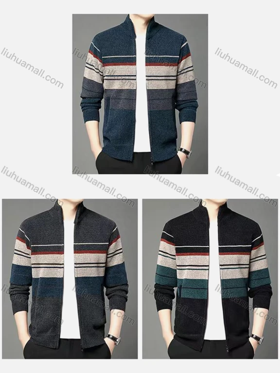 Wholesale Men's Zip-Up Thermal Fleece Jacket With Striped Pattern