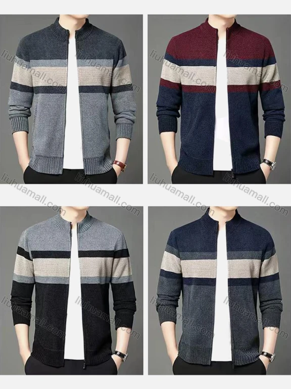 Wholesale Men's Striped Zip-Up Long Sleeve Fleece Jacket With Color-Block Design
