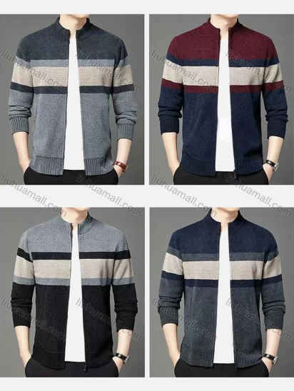 Wholesale Men's Striped Zip-Up Long Sleeve Fleece Jacket With Color-Block Design