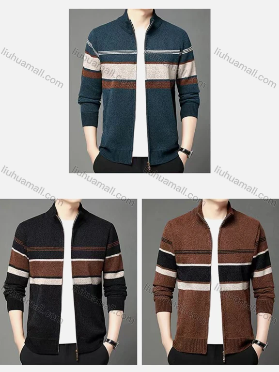 Wholesale Men's Zip-Up Thermal Fleece Jacket With Striped Pattern