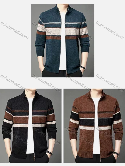 Wholesale Men's Zip-Up Thermal Fleece Jacket With Striped Pattern