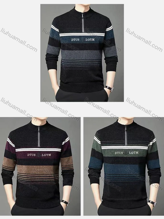 Wholesale Men's Long Sleeve Quarter Zip Collar Knitted Sweaters with Striped Pattern