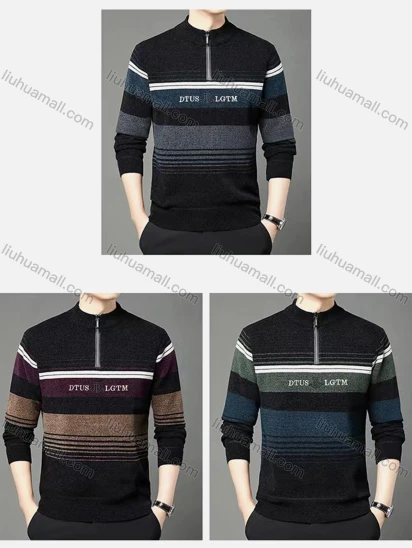 Wholesale Men's Long Sleeve Quarter Zip Collar Knitted Sweaters with Striped Pattern