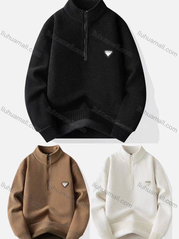 Wholesale Men's Quarter Zip Stand Collar Plain Thermal Sweater