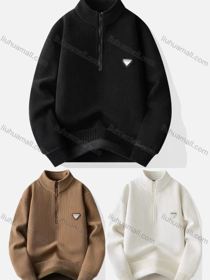 Wholesale Men's Quarter Zip Stand Collar Plain Thermal Sweater