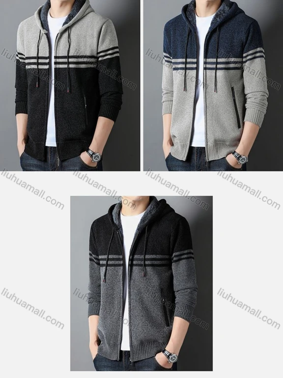 Wholesale Men's Color Block Striped Hooded Long Sleeve Thermal Sweatshirt With Zipper Pockets