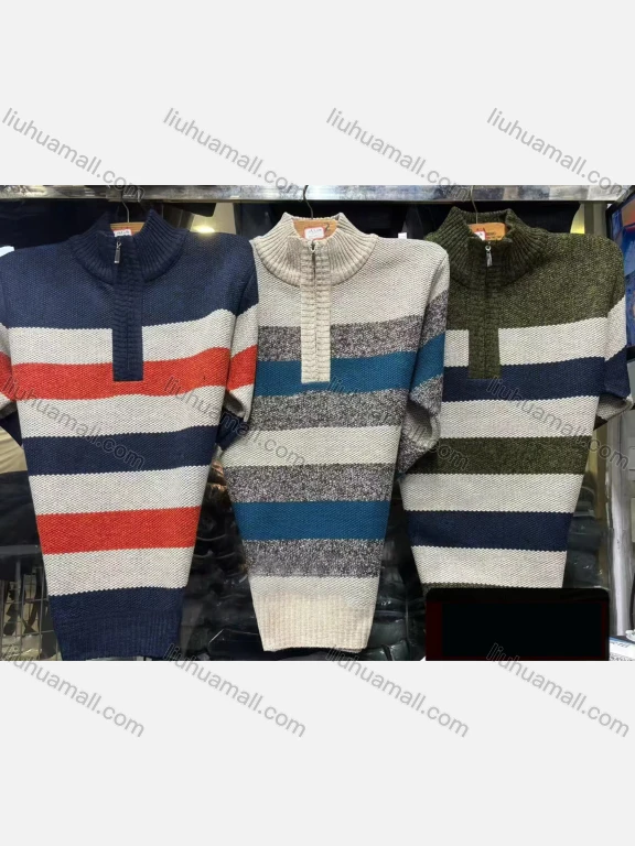 Wholesale Men's Long Sleeve Stand Collar Thermal Knitted Sweaters With Horizontal Stripes & Quarter Zip