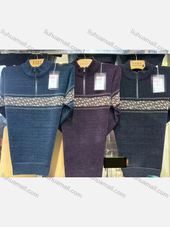 Wholesale Men's Long Sleeve Stand Collar Knitted Sweaters with Yoke Pattern & Quarter Zip