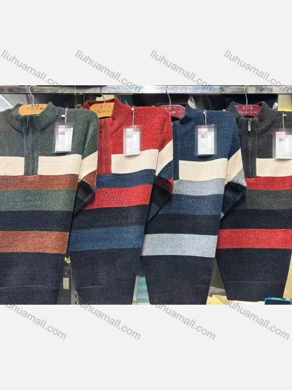 Wholesale Men's Long Sleeve Stand Collar Thermal Knitted Sweaters With Horizontal Stripes & Quarter Zip