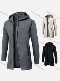 Wholesale Men's Zip-Up Thermal Mid Length Plain Hooded Fleece Jacket With Zipper Pockets, LIUHUA CLOTHING WHOLESALE