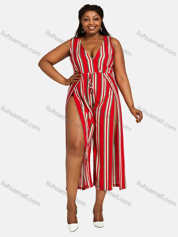 Wholesale Women's Trendy V Neck Sleeveless Striped Split Thigh Romper 27284#