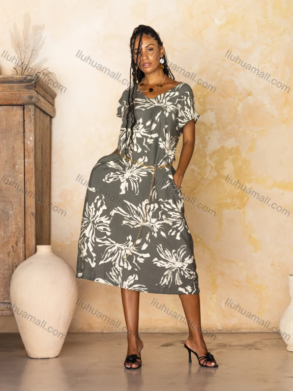 Wholesale Women's Casual Floral Print V Neck Short Sleeve Patch Pocket Woven Midi Dress V5420#