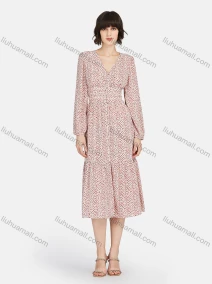 Wholesale Women's Casual Allover Print Button Front Long Sleeve Ruffle Hem Midi Dress, LIUHUA CLOTHING WHOLESALE