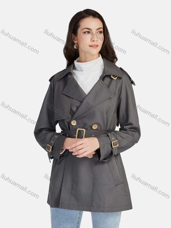 Wholesale Women's Casual Plain Lapel Long Sleeve 3 Buttons Pockets Trench Coat With Belt 21025#