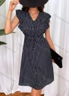 Wholesale Women's Casual Polka Dot Flounce Sleeve V Neck Buttons Down A Line Knee Length Dress With Belt 2258# - Liuhuamall