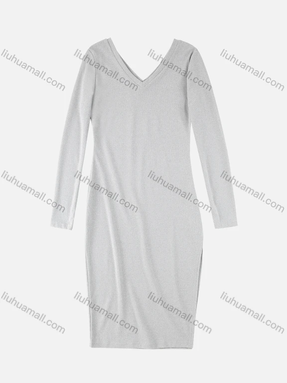 Wholesale Women's Casual V Neck Long Sleeve Split Side Plain Dress